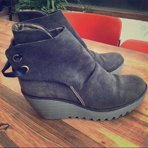 Fly London green suede booties w/ back tie 39